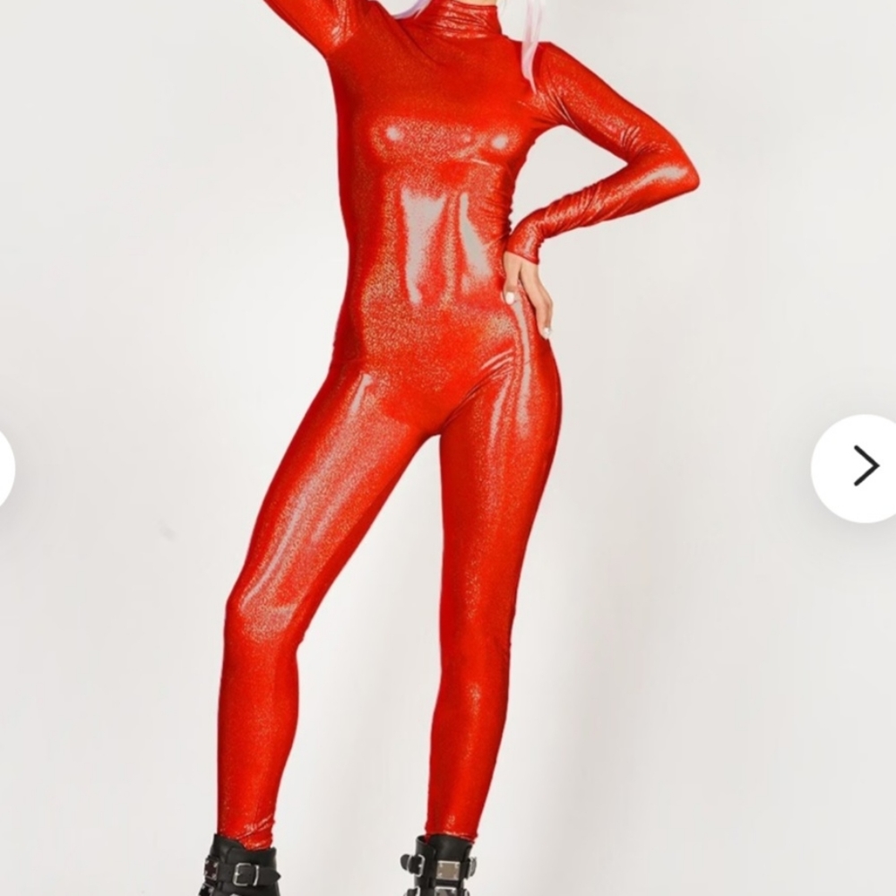 Red holographic sparkle spandex jumpsuit